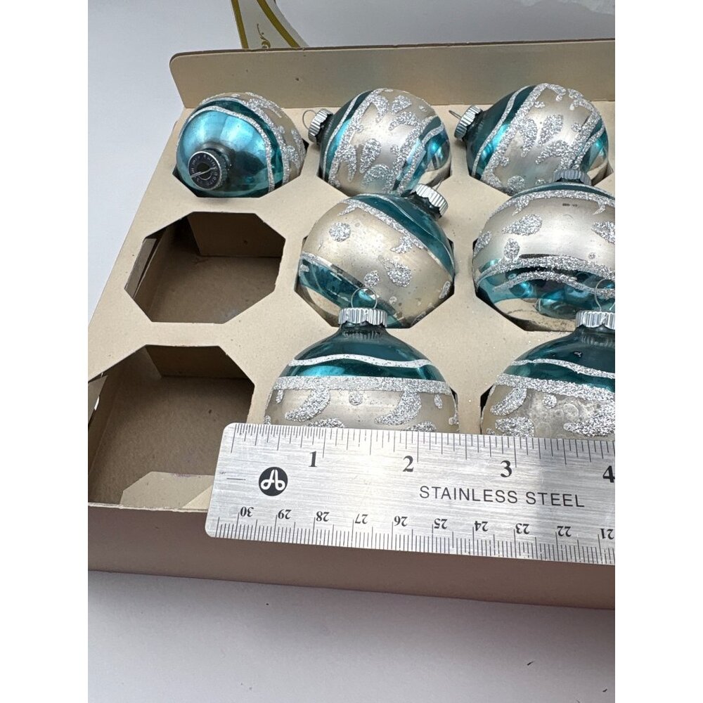 Shiny Brite Vintage Glass Ornaments Teal & Silver Glitter 10-Piece Set Christmas - Picture 7 of 14